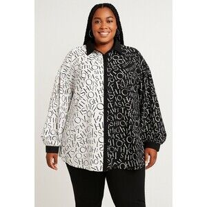 Ashley Stewart Plus Size 30/32 Split “FASHION” Print Balloon Sleeve Shirt – NWT